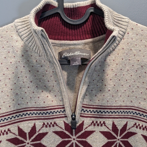 Eddie Bauer Men's 1/4 Zip Snowflake Sweater Christmas Size Large 100% Cotton - Picture 3 of 8